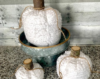 Fabric pumpkins, set of 3, farmhouse decor, fall decor, chenille pumpkins,  vintage fall decor, white pumpkins, fall mantle decor, stuffed