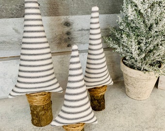 Fabric Christmas trees, farmhouse decor, gray and white ticking stripe, set of 3, holiday centerpiece, mantle decor, modern farmhouse, wood