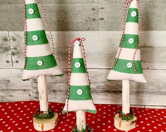 Fabric Christmas trees, Green and white striped trees, Farmhouse Christmas decor, Set of 3, Holiday decor, Mantle decor, mid century modern