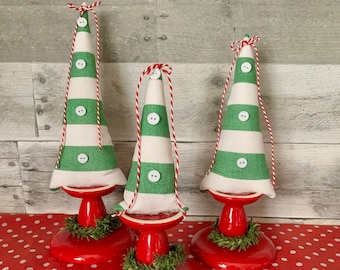 Fabric Christmas trees, Green and white striped trees, Farmhouse Christmas decor, Set of 3, Holiday decor, Mantle decor, mid century modern