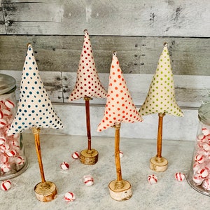 Fabric Christmas trees, mantle decor,  polkadots, farmhouse Christmas decor, vintage Christmas, birch trees, hostess gift, white Christmas