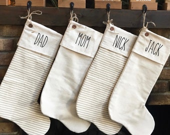 Farmhouse Christmas stockings, Personalized, beige striped, muslin, farmhouse  Christmas decor, family stockings, pet stockings, custom