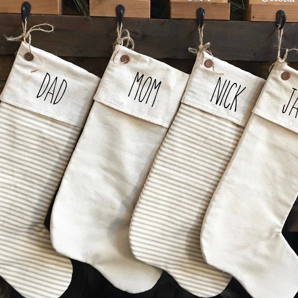 Farmhouse Christmas stockings, Personalized, beige striped, muslin, farmhouse  Christmas decor, family stockings, pet stockings, custom