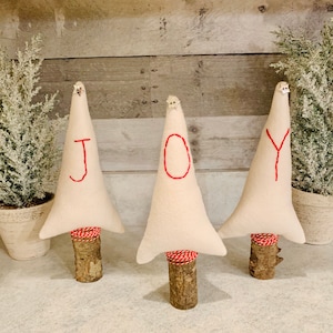 Fabric Christmas trees, Set of 3, felted wool, farmhouse Christmas decor, rustic Christmas, joy, white trees, farmhouse trees, hand stitched