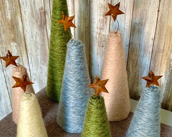 Christmas trees,  yarn, farmhouse Christmas decor, fabric trees, holiday centerpiece, Christmas mantle, birch stump, tiered tray decor, tree