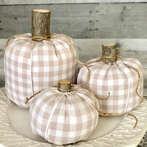 Farmhouse  pumpkins, set of 3, farmhouse decor, fall decor, fall mantle, Buffalo check pumpkins, stuffed pumpkins, fall centerpiece, rustic
