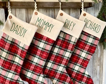 Personalized Christmas stocking, Plaid, Family stockings, Handmade, Farmhouse, Flannel, Tartan Plaid, First Christmas, Embroidered, custom