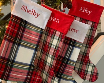 Personalized Christmas stockings, plaid,  family stocking, Pet stocking, Farmhouse, Flannel, Mantle, Housewarming gift, First Christmas