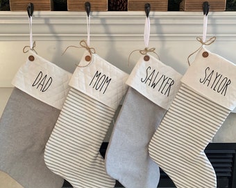 Farmhouse Christmas stockings, Personalized, handmade, Gray and white, Modern Christmas decor, Monogrammed, Embroidered, Custom, Lined