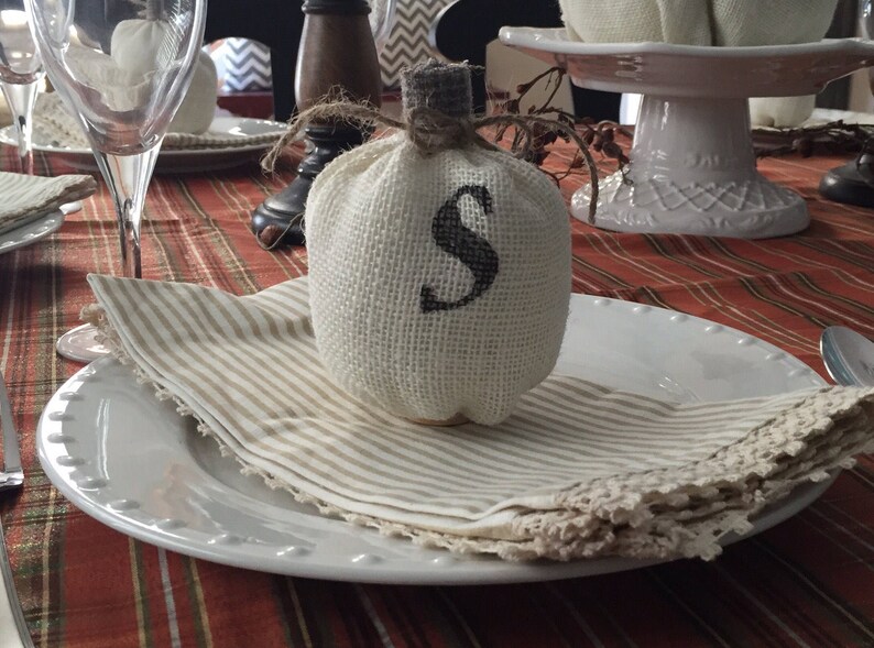 fall wedding table settings wedding place cards fall mantle decor Monogrammed pumpkin thanksgiving table settings hostess gift