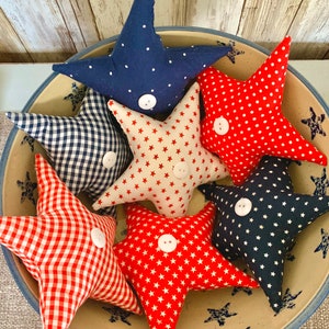 Fabric stars, Farmhouse 4th of July decor, star bowl fillers, tiered tray decor, Independence Day, Memorial Day decor, stuffed stars, red