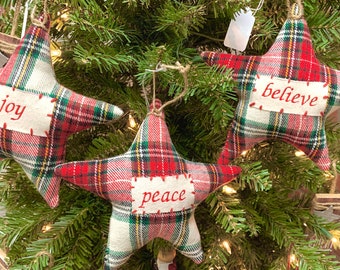 Fabric star, Christmas ornament, Farmhouse Christmas decor, Embroidered, Peace, Joy, Believe, Christmas star, Tiered tray decor