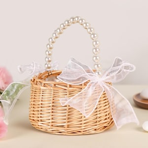 Rustic Flower Girl Basket with Pearl Handle,Flower girl basket rattan,Boho Bridal Basket,Wicker Basket with Ribbon Bow,Wedding wicker basket