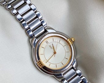 Vintage YSL Yves saint Laurant two tone watch ; 1990s luxury timepiece for women