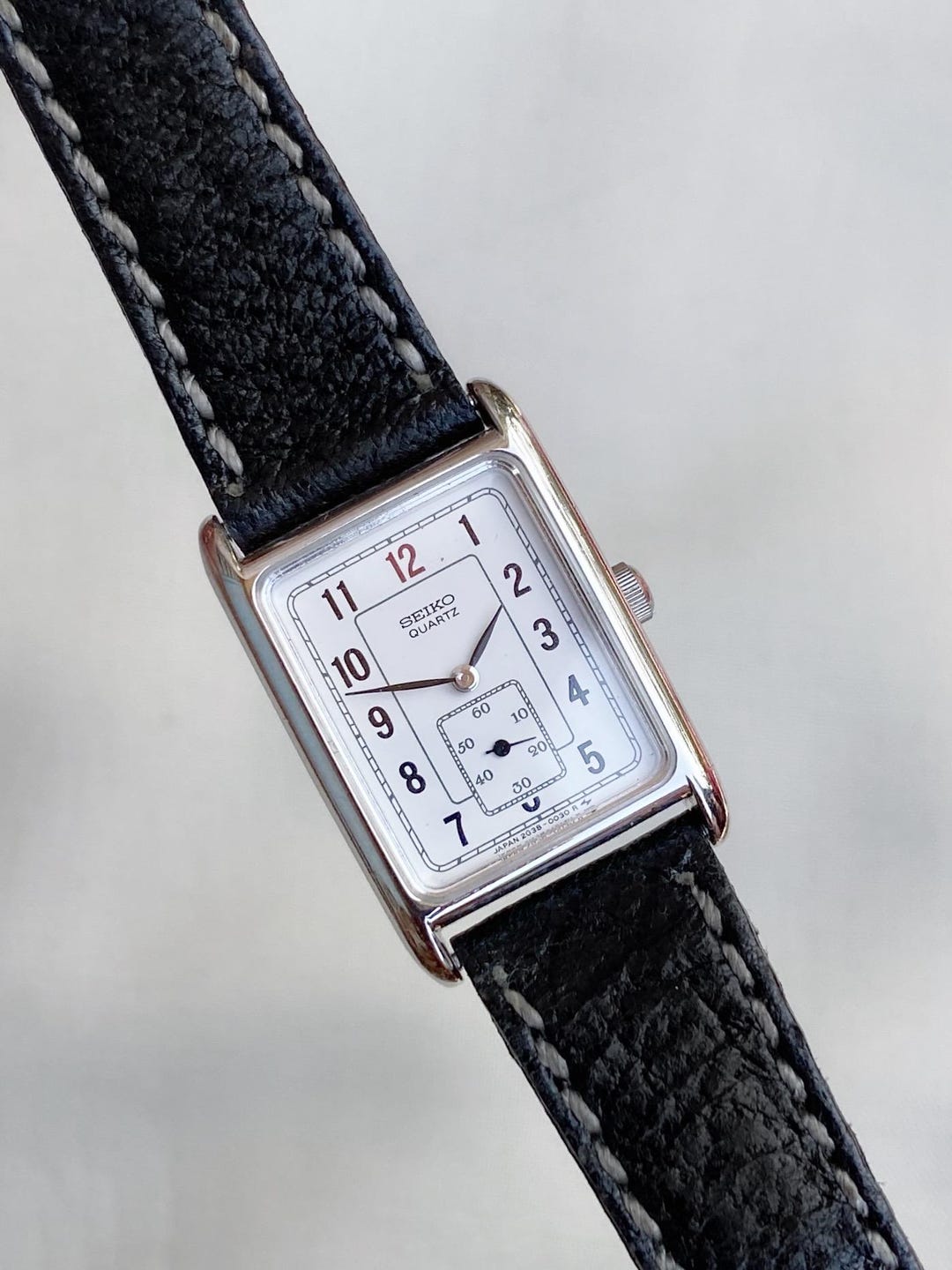 Vintage Rare Seiko Subsecond Dial Tank Unisex Watch: Leather Strap