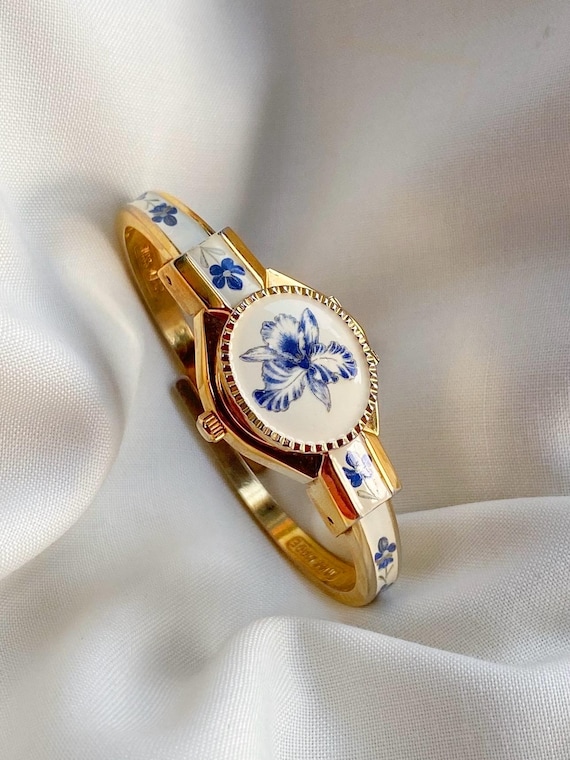 Vintage Andre Mouche Quartz Bangle Watch, Enamel Floral