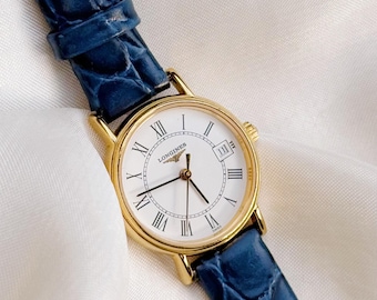 Vintage Rare Longines Datejust Women’s watch; Gold plated & Blue leather Strap