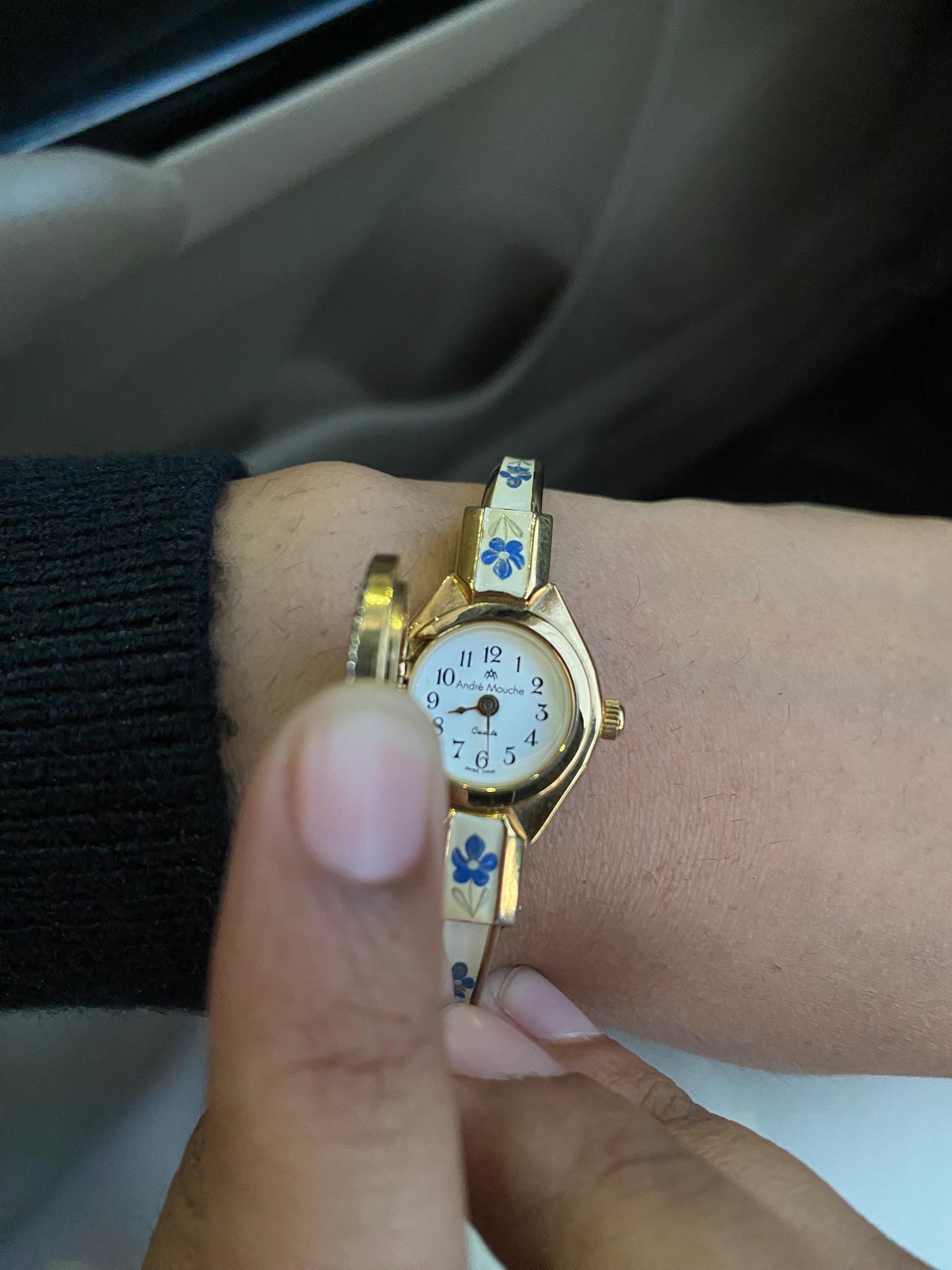 Vintage Andre Mouche Quartz Bangle Watch, Enamel Floral