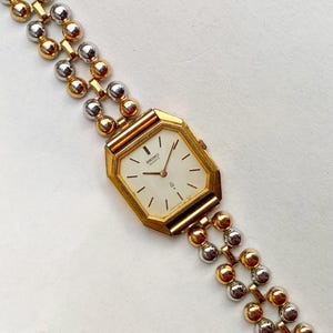 Vintage Seiko Quartz Women’s Watch | Octagonal Gold Case | Two-Tone Bead Bracelet | 80s-90s Elegant Retro Timepiece
