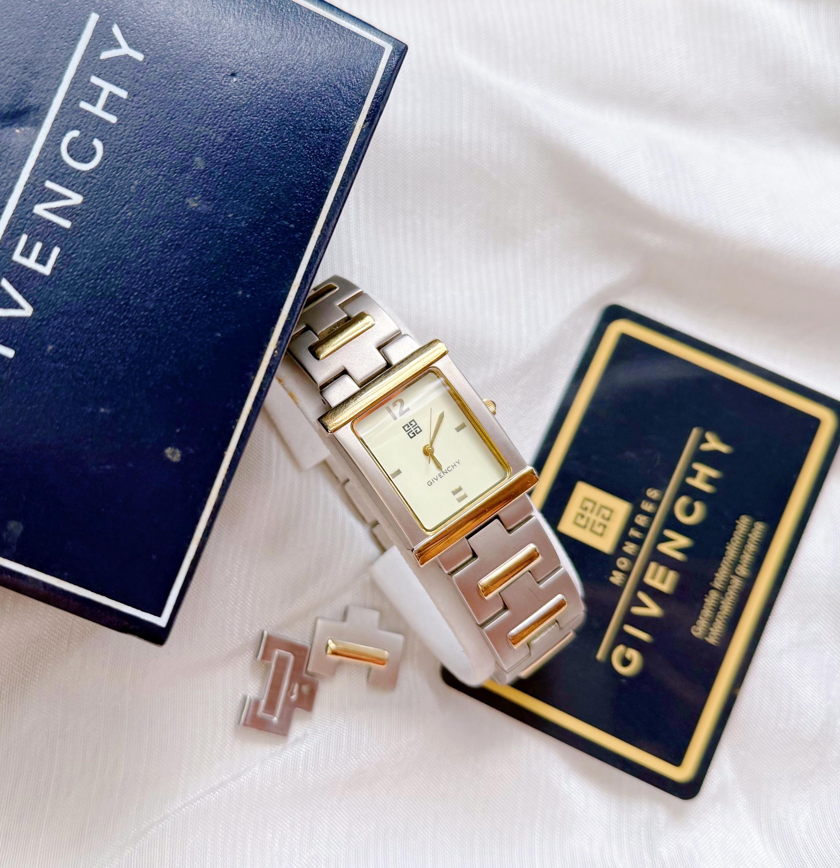 GIVENCHY PARIS/SWISSMADE 稼働 デイト タンクローマン Vintage Givenchy Rare Tank Dial Two Tone Watch; Boxed Swiss