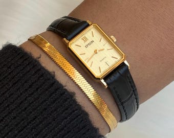 Vintage Epson mini tank Watch: Gold plated, Leather Strap