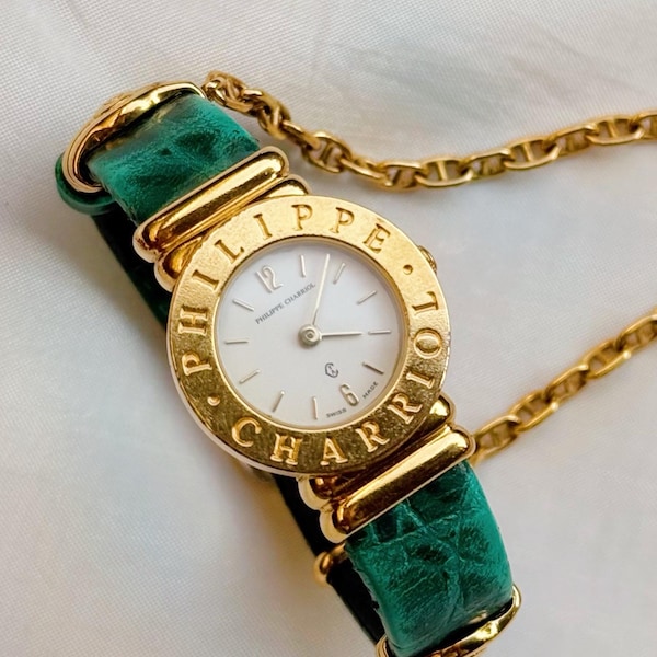 Vintage Rare Phillipe Charriol Women’s Gold plated watch; Swiss made with green strap