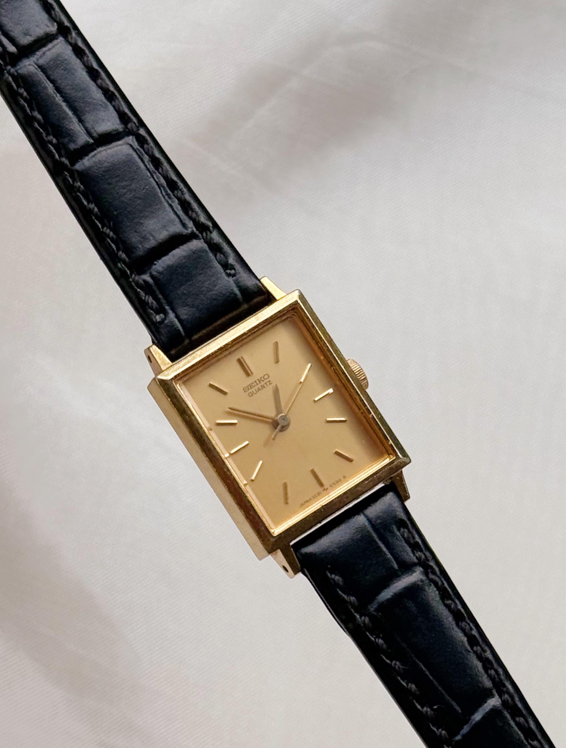 Vintage Seiko Tank Dial Watch; Leather Strap; 1990s Japan Quartz