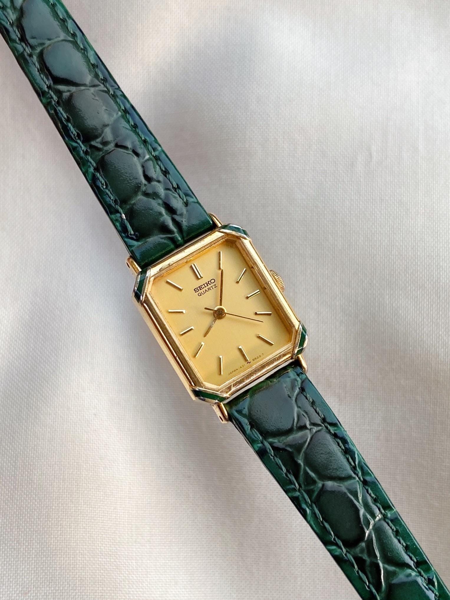 Very RARE Vintage Seiko Tank Quartz Watch; Emerald Green Leather