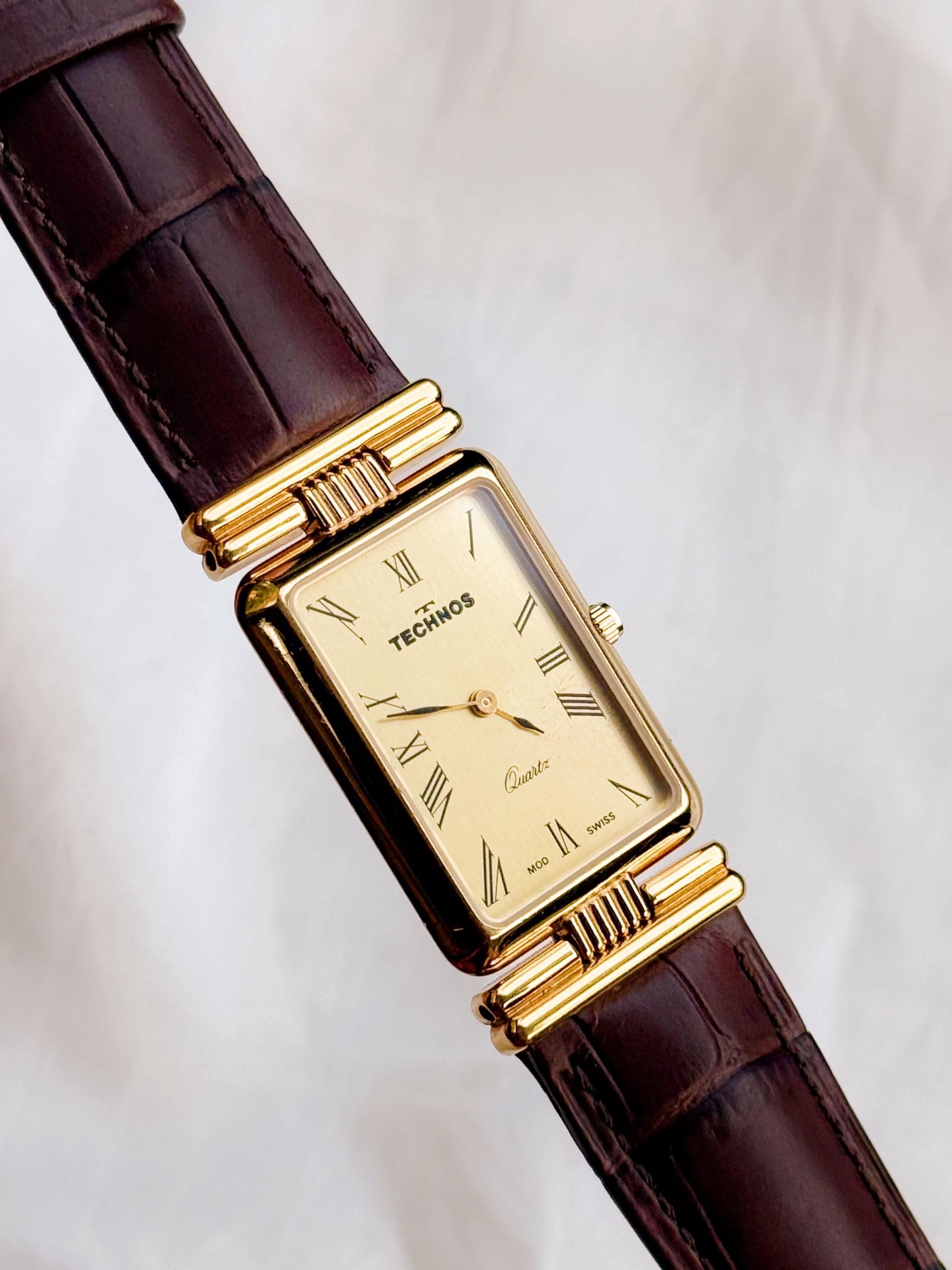 Technos Tank Vintage Watch: Gold Plated, Leather Strap - Etsy