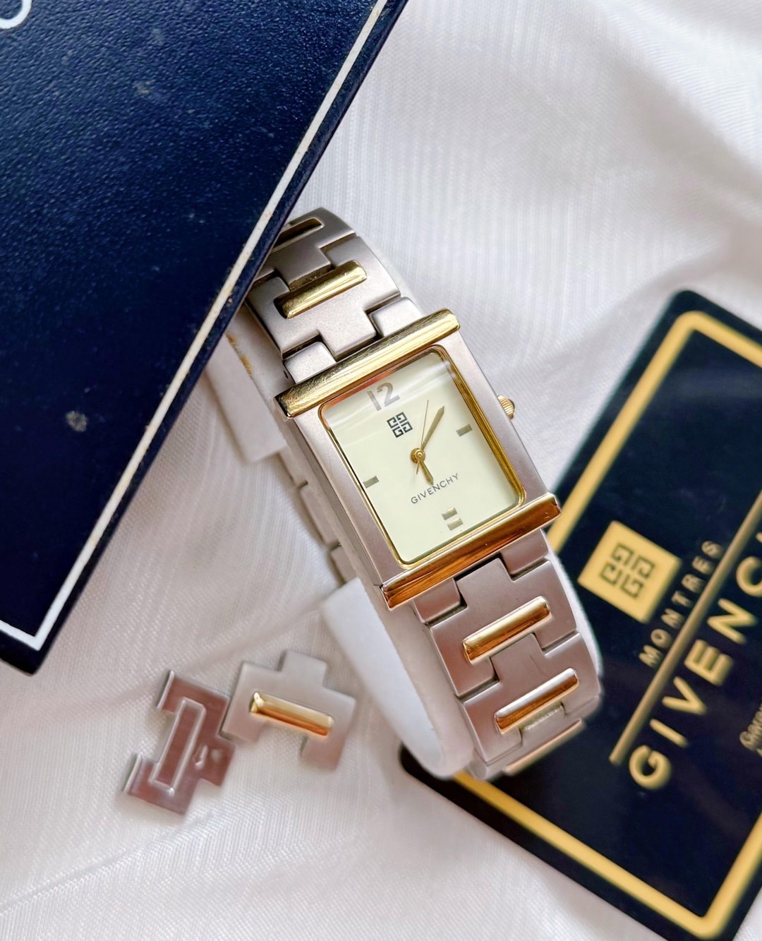 Vintage Givenchy Rare Tank Dial Two Tone Watch; Boxed Swiss