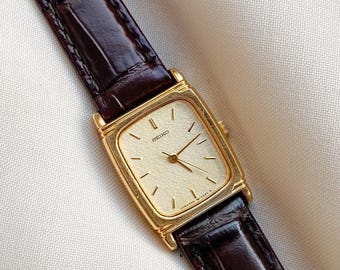 Rare montre vintage Seiko Tank : plaqué or, bracelet en cuir