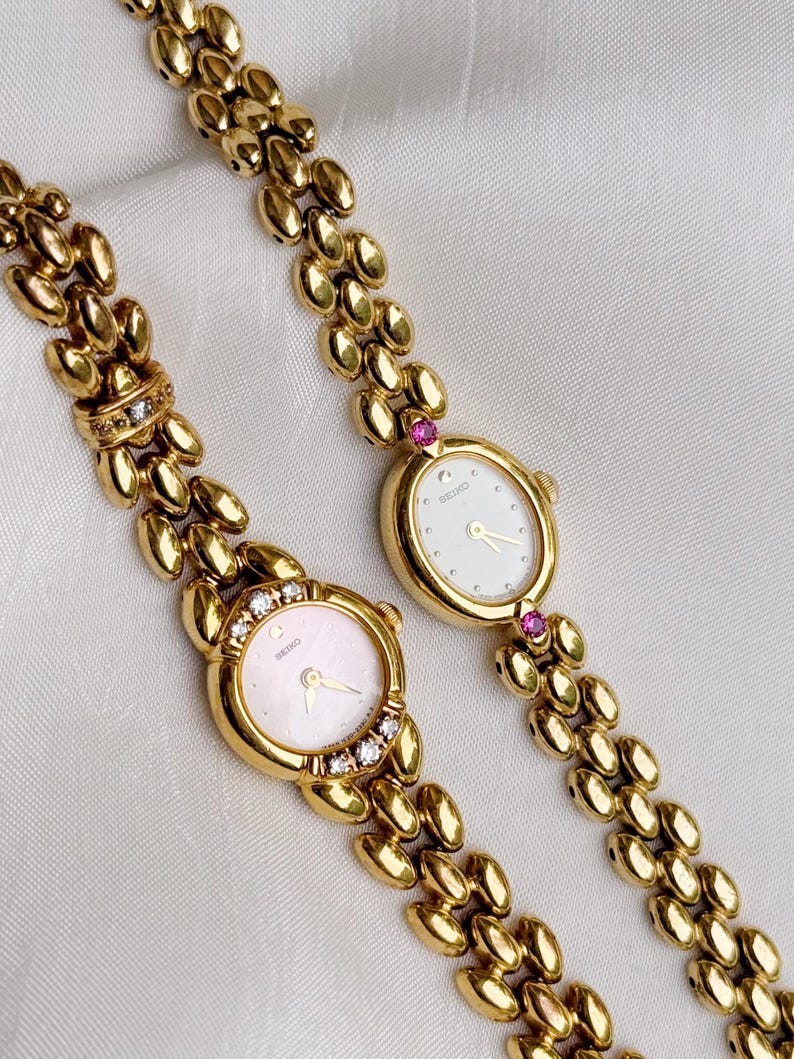 Vintage Seiko guldpläterade klockor med rubinfärgade accenter, unika armbandsdesigner; Present till henne bild 9