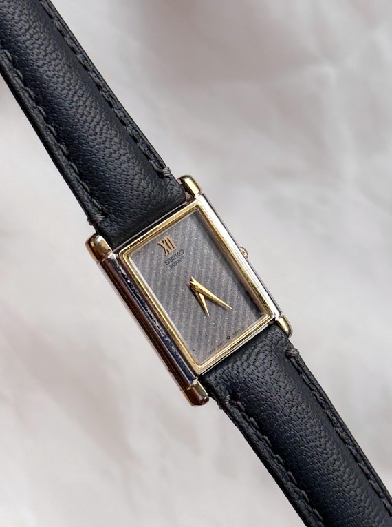Vintage Seiko Rare Tank Watch for Women: Gold Plated, Gray Leather