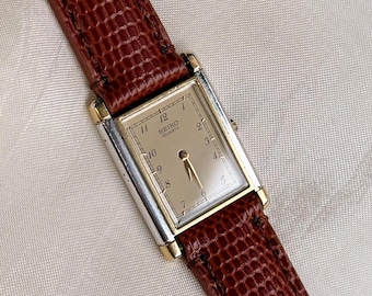 Vintage Seiko Tank Watch for Women; Gold Plated, Green Leather