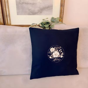 Embroidered Cushion Cover Floral Home Decor Couch & Sofa Pillow Throw Pillowcase, Plain Black Cover with white and antique brown embroidery