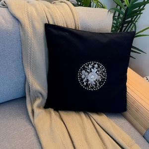 Hand Embroidered Cushion Cover Floral Home Decor Couch & Sofa Pillow Throw Pillowcase, Plain Black Cover with white and Grey embroidery