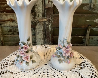 SALE: Two Lefton Vases, White Vases, Hobnail Vase, Porcelain Flower Vase, Small Narrow Vase, Milk Glass Vase