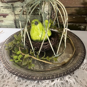 May include: A decorative birdcage with a distressed green finish houses a bright green ceramic bird in a nest. The birdcage sits on a silver-colored tray with a decorative edge, adorned with faux greenery. The background features a weathered wooden door.