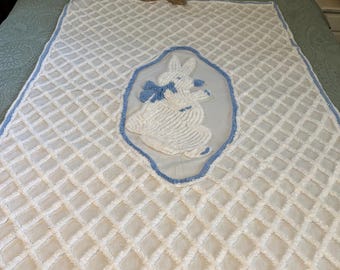 Vintage Bunny Blanket, Chenille, Cotton