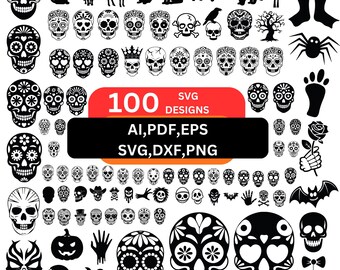 100個のシュガースカルSVGバンドル、死者の日のカットファイル、カラベラSVG、ハロウィンスカルクリップアート、ディア・デ・ロス・ムエルトスクラフトファイルSVG png