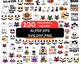 ハロウィンSVGバンドル、かわいい不気味なカットデザイン100種類、ゴースト、カボチャ、コウモリのデザイン、秋のクラフトデジタルダウンロード