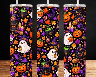 ハロウィンタンブラーラップPNG、かわいい幽霊黒猫かぼちゃ20オンススリム昇華プリント、不気味な秋のデジタルプリント
