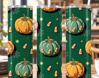 ハロウィンタンブラーラップ 20オンス スキニー、パンプキンキャンディコーン秋の昇華デザイン、セージグリーンスパイダーウェブ秋のデジタルダウンロードPNG