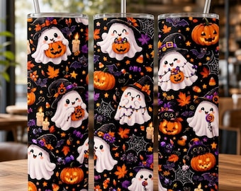 かわいいハロウィンゴーストタンブラーラップPNG、パンプキンシームレス昇華20オンススキニーデジタルダウンロード