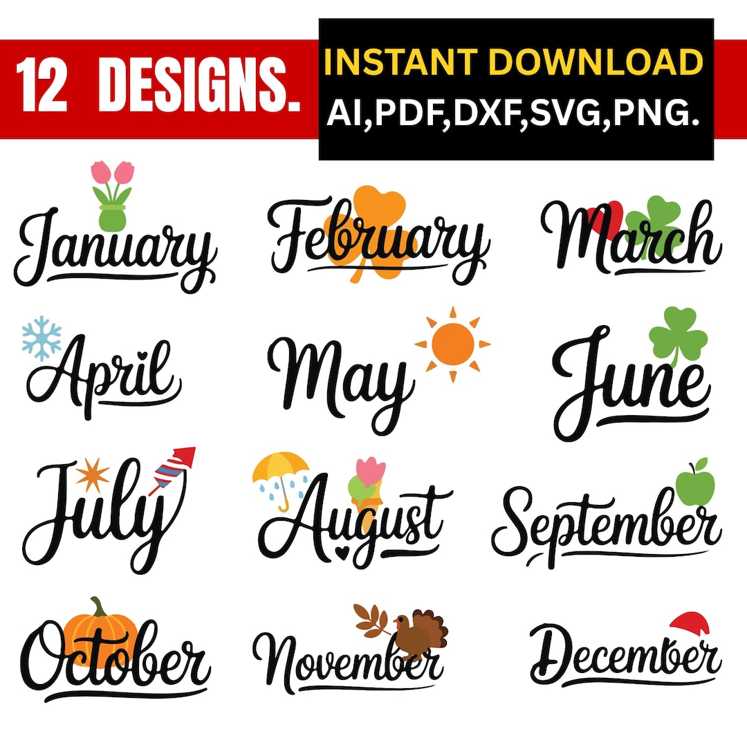 12 Months of the Year Svg Bundle, Cricut Files, Png, Digital Download ...