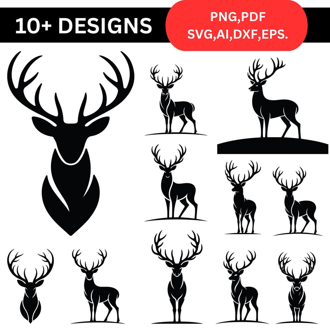 Deer SVG Bundle, Buck Silhouette, Stag Antler Clipart (digital Download ...