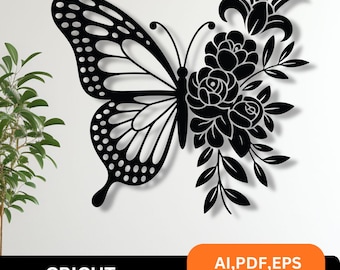 蝶のSVG、Cricut用花柄蝶のSVG、半分の花の蝶のPNG、蝶のカットファイルdxf、レーザーカットウォールアートデジタルダウンロード