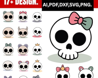 Kawaii Skull Clipart SVG Bundle, Goth Halloween Graphics (Digital Download)