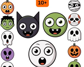 ハロウィン絵文字クリップアートセット：工作用の不気味なアイコン（デジタルダウンロード）