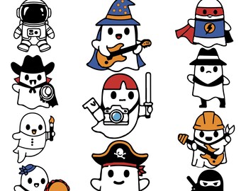 Halloween Ghost Clipart Bundle, Kawaii Style (Digital Download)